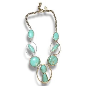 Chico's‎ Reversible Statement Necklace Turquoise/Blue Gold Tone Oval Medallions